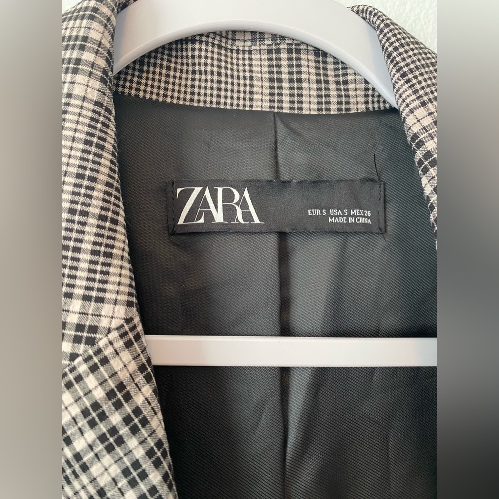 Zara Blush Pink & Black Plaid Double Breasted Stretch Blazer with belt Small - Picture 11 of 13
